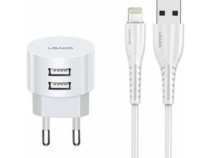 Φορτιστής τοίχου Usams T20 και καλώδιο Lightning Λευκό 2x USB, 2.1A, λευκός